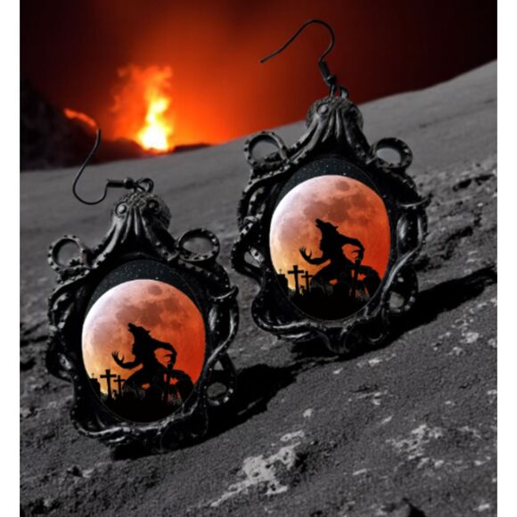 Werewolf Howling at Red Moon Earrings - Wolf Shadow Jewelry Moon Accessory - Picture 2 of 3
